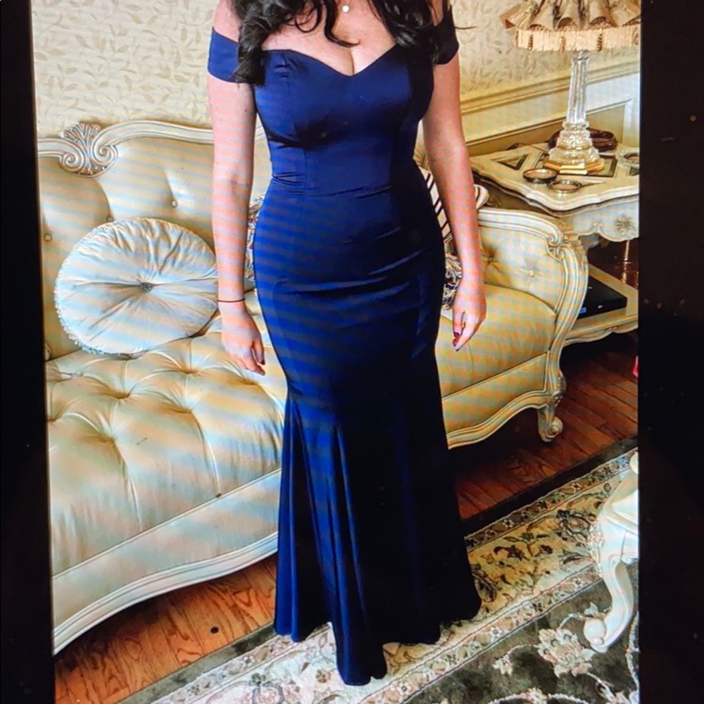 Navy off-shoulder maxi floor length satin gown by Marsoni / Colors